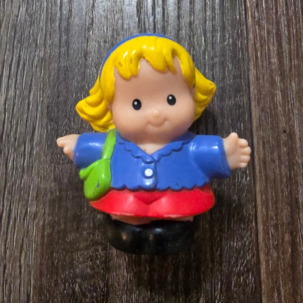 Fisher-Price Little People Blonde Girl Figure Blue Headband Red Skirt Green Bag